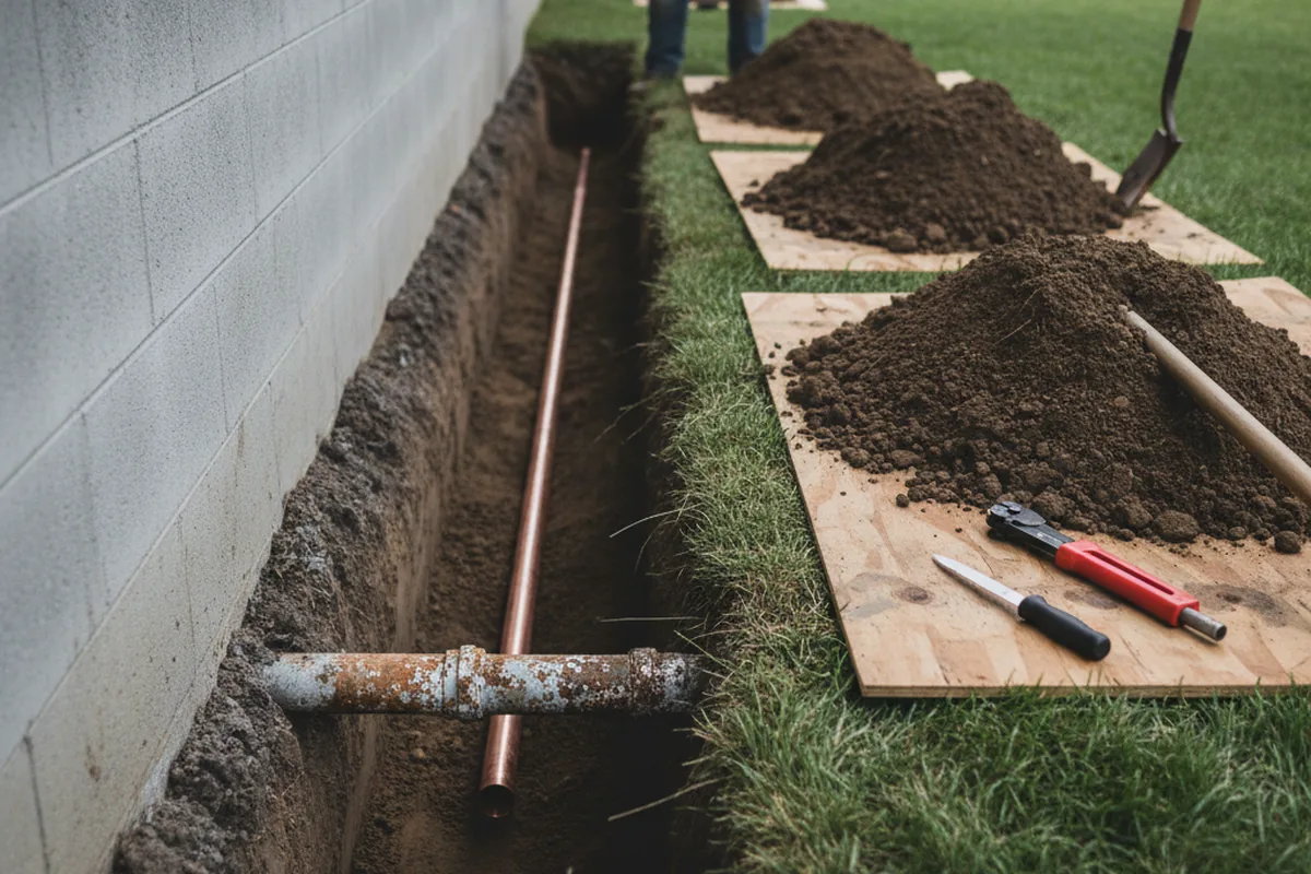 Excavated water line trench during Water Softener Installation in Naylor